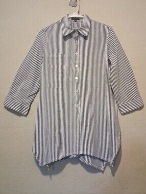 Athena Marie Striped 3/4 Sleeve Button Front Shirt Women Blue/White Lagenlook L